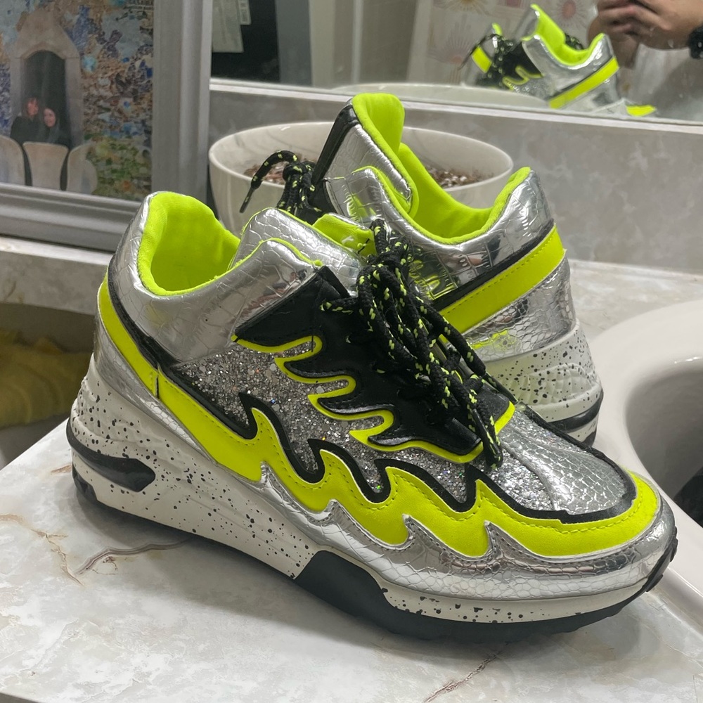 Sliver, black, and yellowgreen fashion sneakers